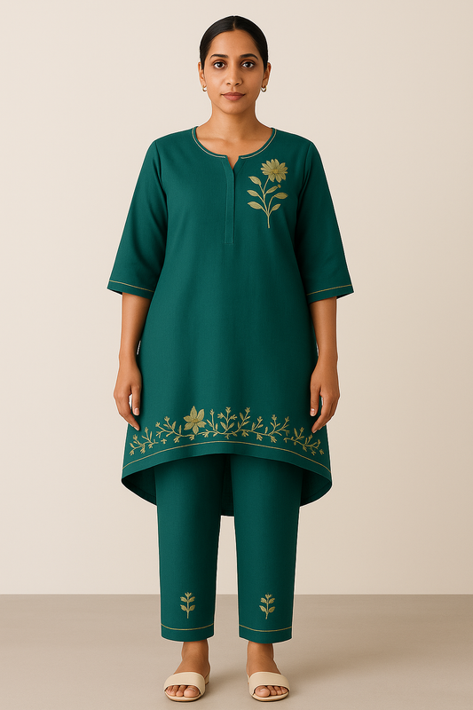 Gulzar Emerald Embroidered Asymmetric Kurta Set