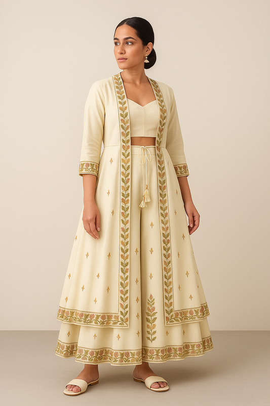 Zaria Embroidered Jacket Set – Ivory Bloom