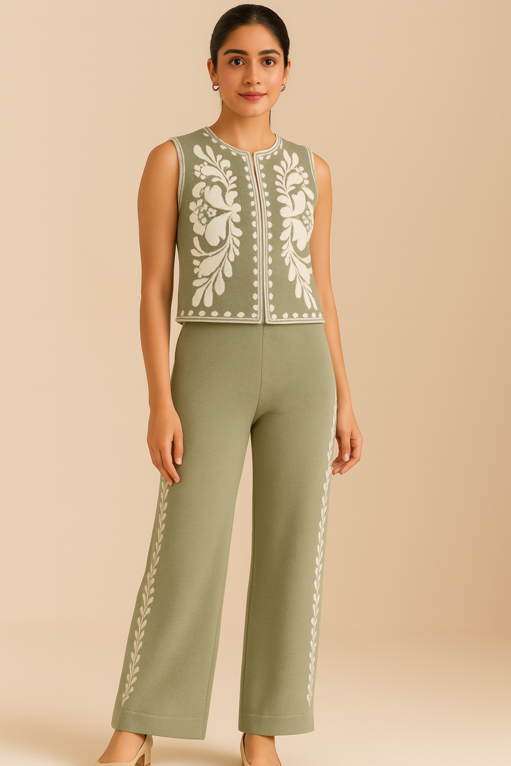 Olive Bloom Knit Co-Ord Set – Floral Embroidered Sleeveless Top & Wide-Leg Pants