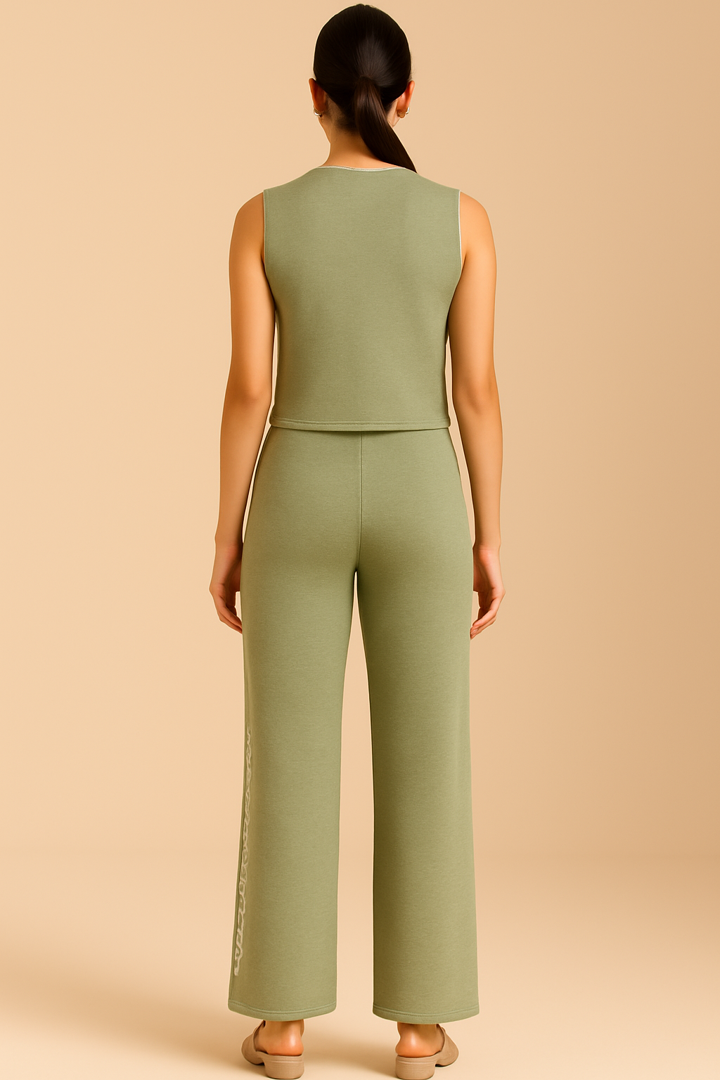 Olive Bloom Knit Co-Ord Set – Floral Embroidered Sleeveless Top & Wide-Leg Pants