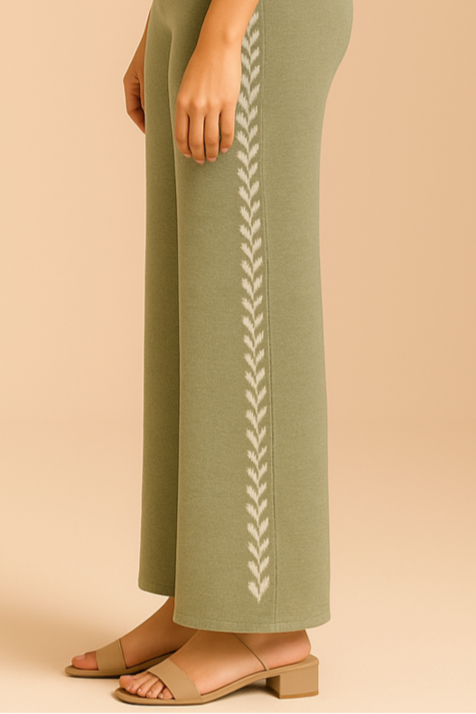 Olive Bloom Knit Co-Ord Set – Floral Embroidered Sleeveless Top & Wide-Leg Pants