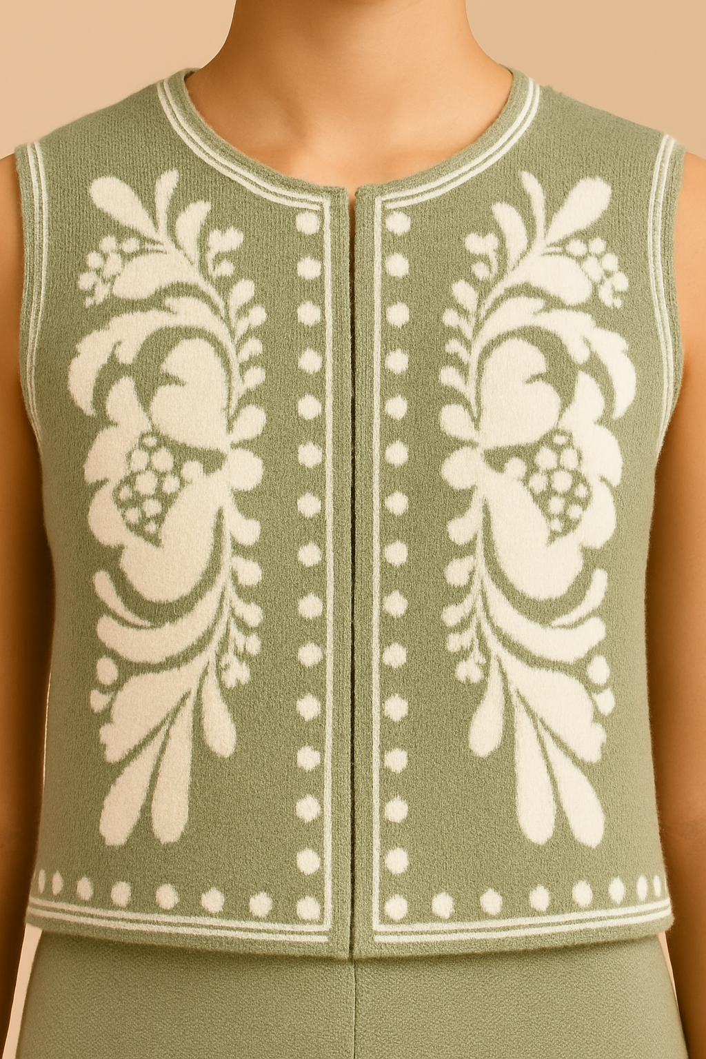 Olive Bloom Knit Co-Ord Set – Floral Embroidered Sleeveless Top & Wide-Leg Pants