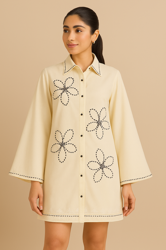 Bloom Stitch Beige Shirt Dress