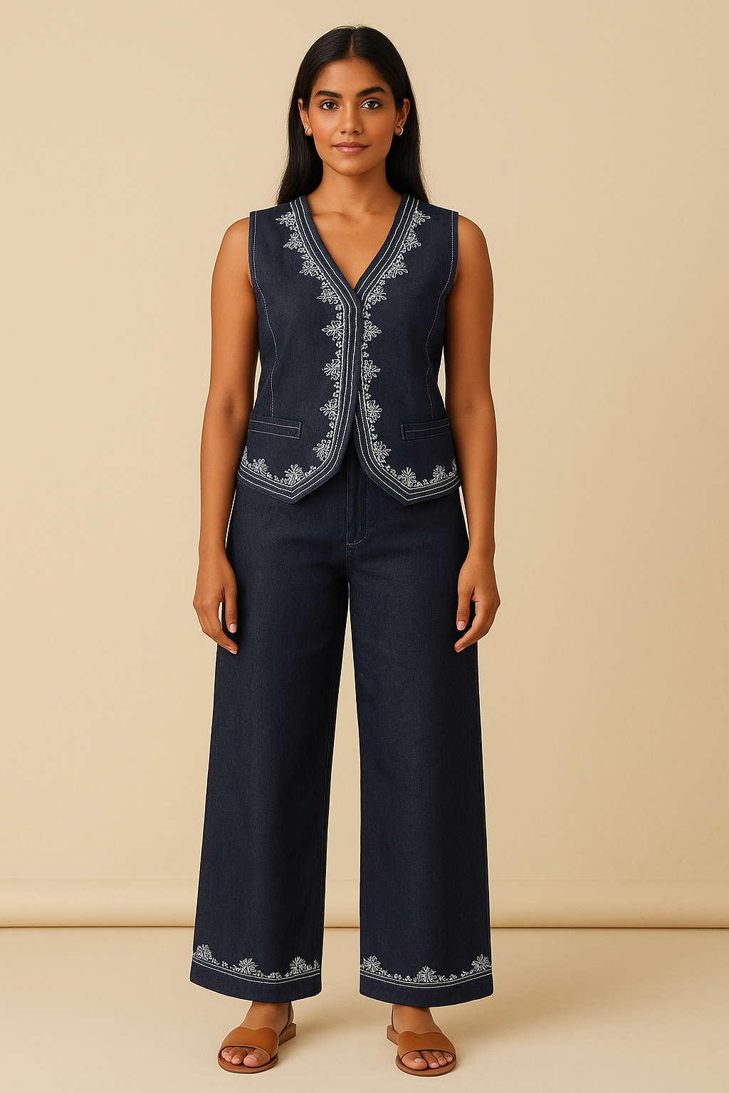 Midnight Bloom Embroidered Denim Co-ord Set