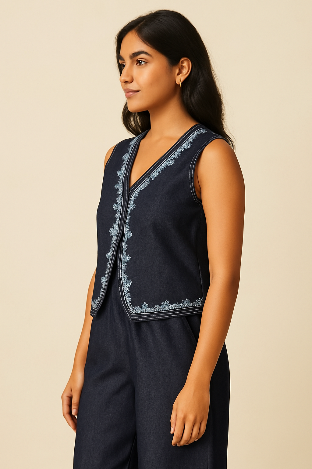 Midnight Bloom Embroidered Denim Co-ord Set