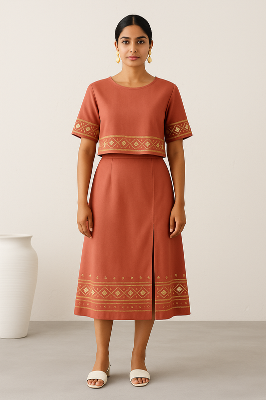 Desert Saffron: Rust Gold Print Co-ord Set with A-Line Skirt
