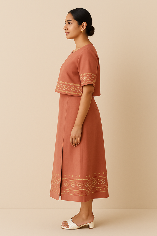 Desert Saffron: Rust Gold Print Co-ord Set with A-Line Skirt