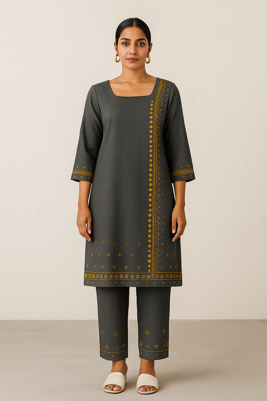Charcoal Dusk: Asymmetric Mustard Embroidered Kurta Set