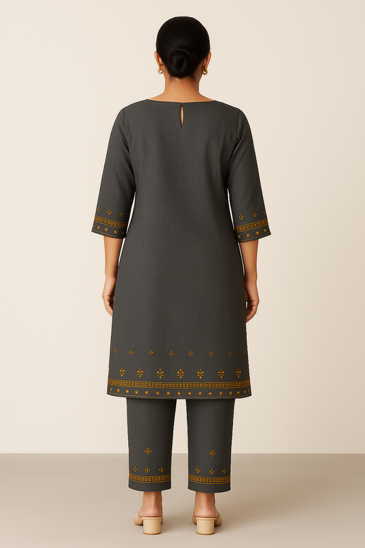 Charcoal Dusk: Asymmetric Mustard Embroidered Kurta Set