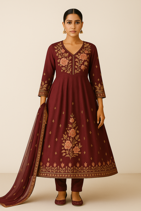 Gulzaar Maroon Embroidered Anarkali Suit Set