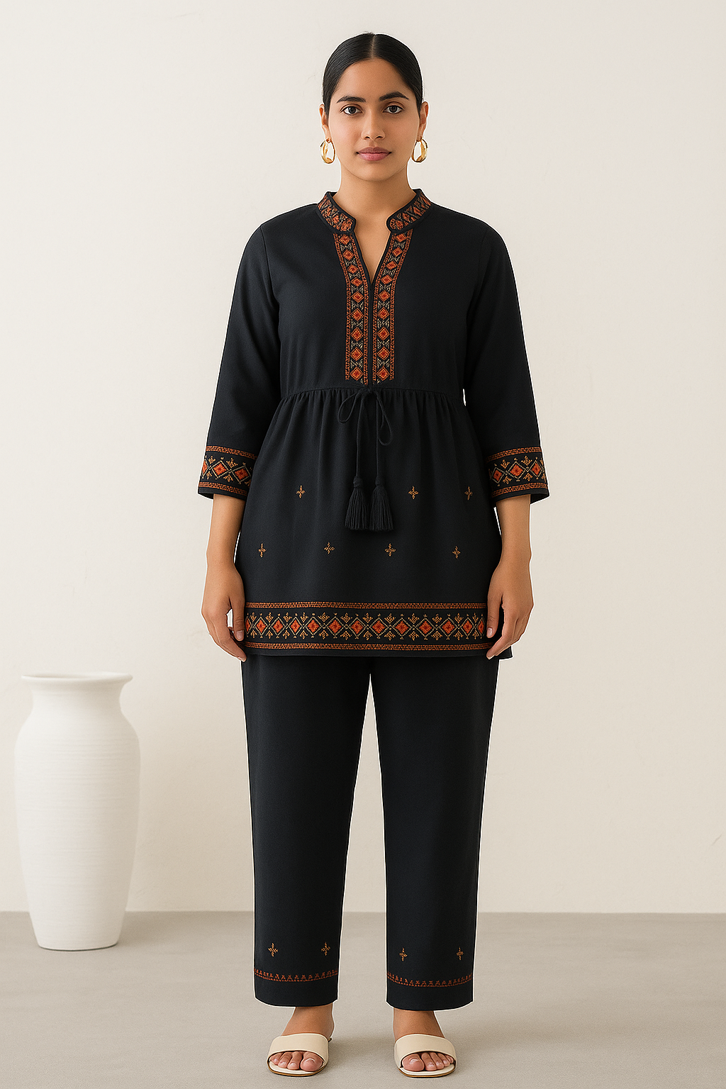 Noorani Threadwork Peplum Set – Midnight Black