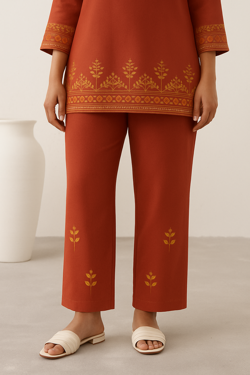 Terracotta Grove: Rust Printed Straight Kurta Set
