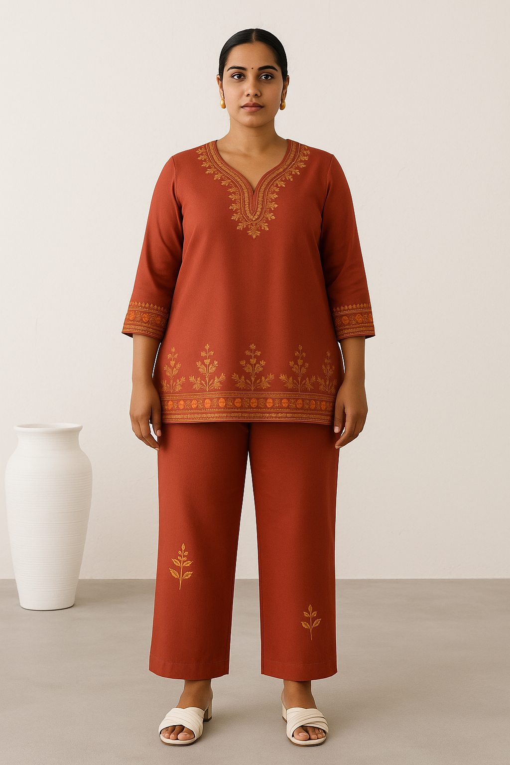Terracotta Grove: Rust Printed Straight Kurta Set