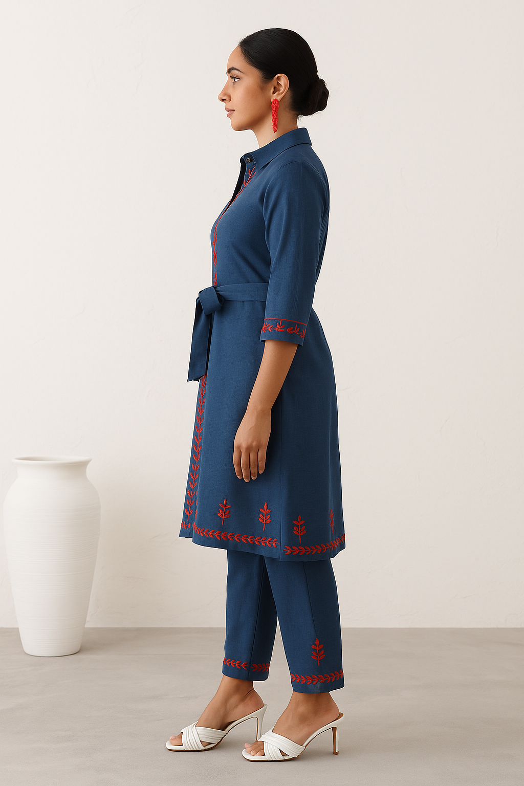 Indigo Ember: Embroidered Shirt-Style Kurta Set with Belt