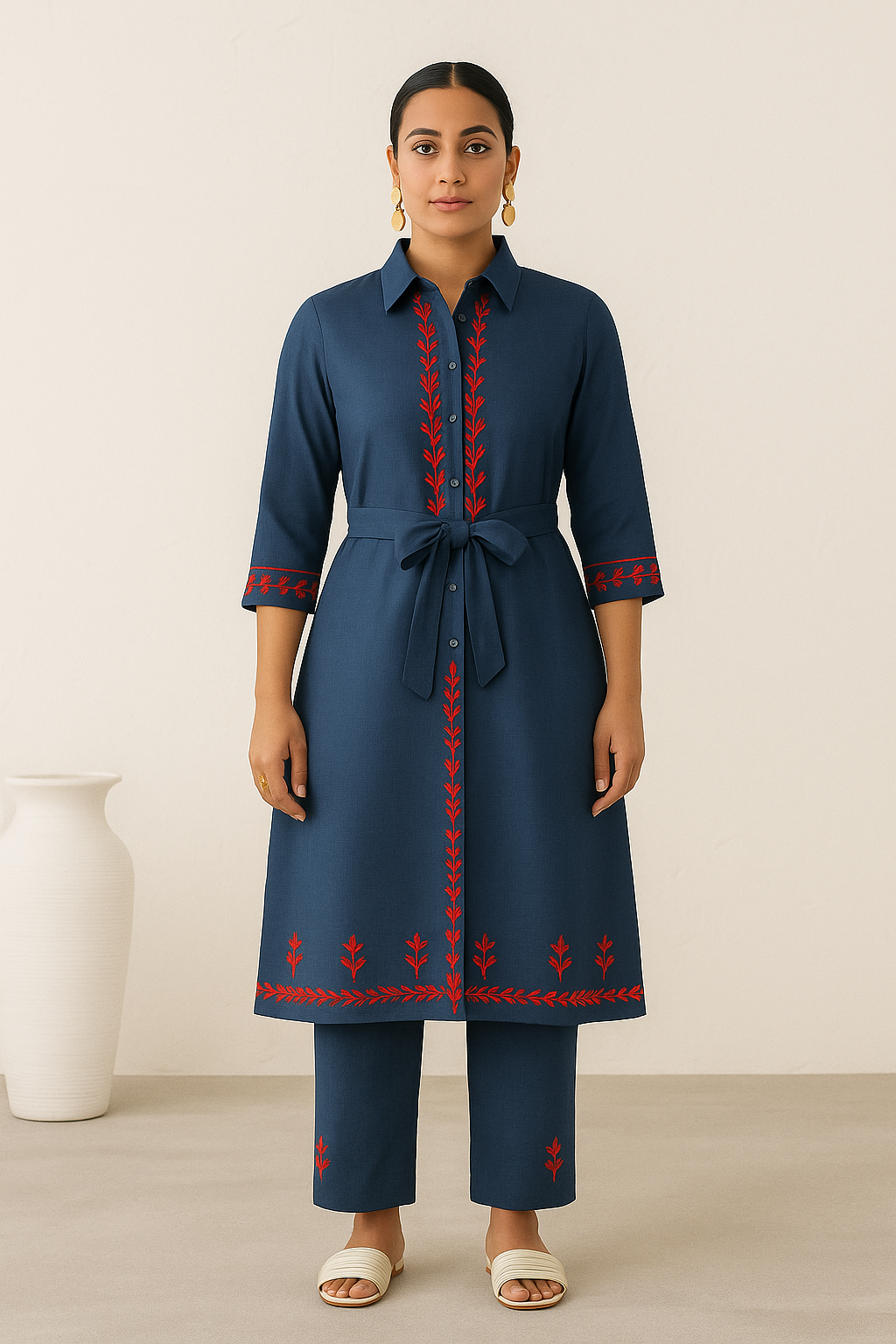 Indigo Ember: Embroidered Shirt-Style Kurta Set with Belt