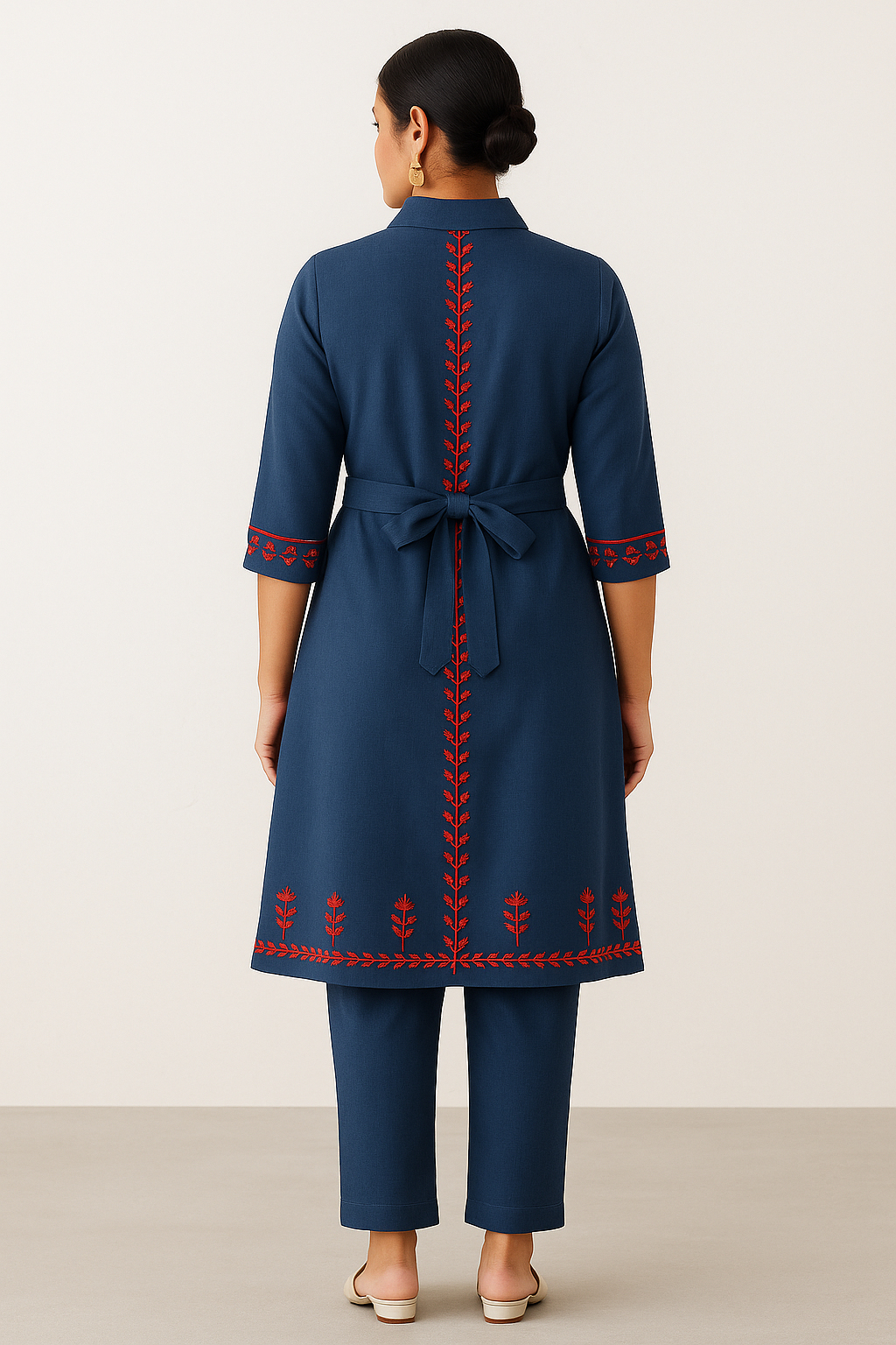 Indigo Ember: Embroidered Shirt-Style Kurta Set with Belt