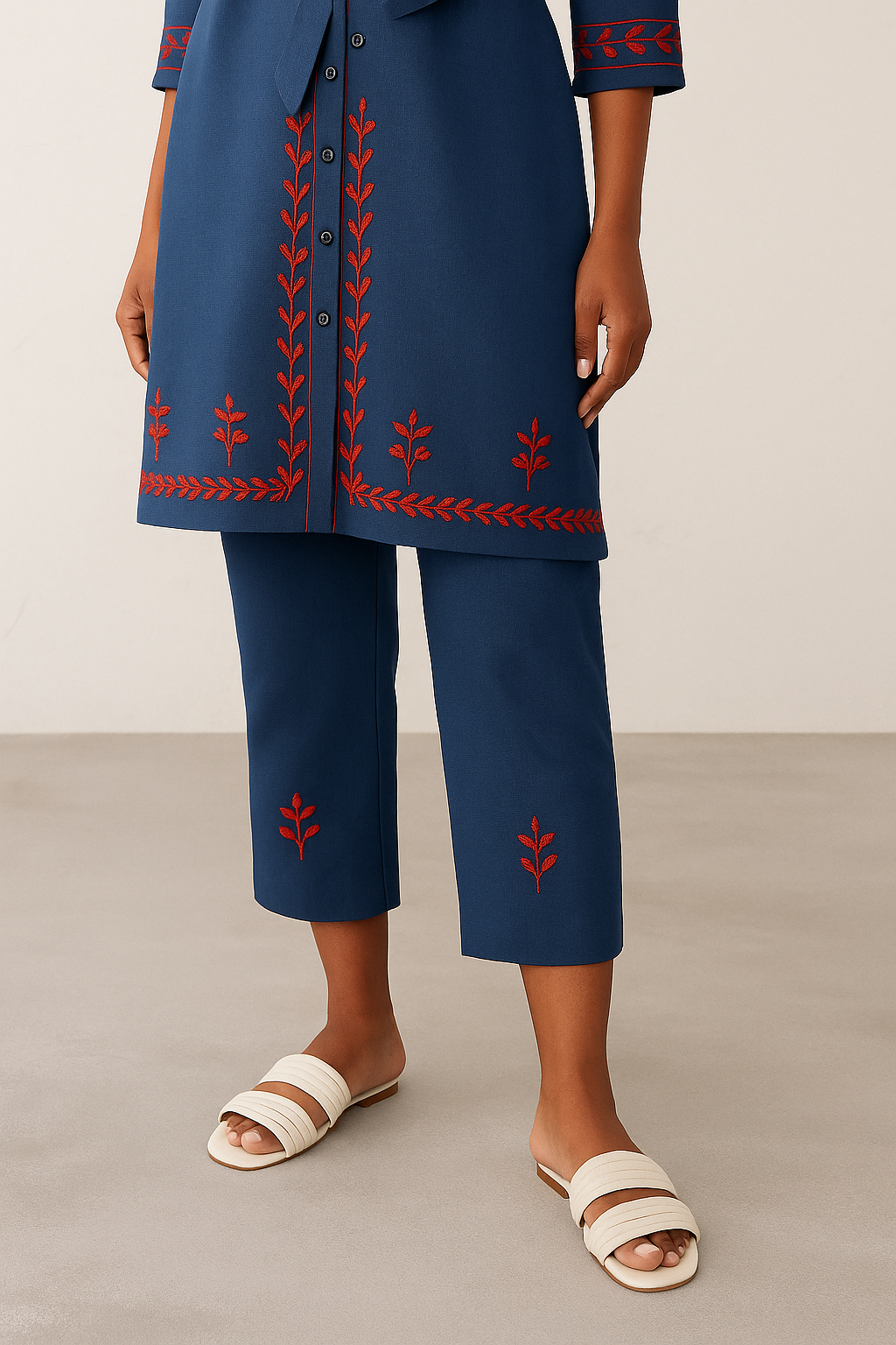 Indigo Ember: Embroidered Shirt-Style Kurta Set with Belt